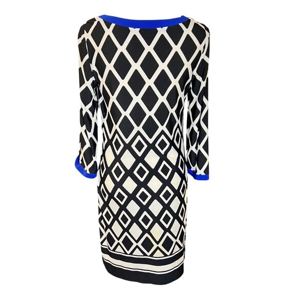 Eliza J Black White Blue Diamond Geometric Print Sheath Dress Blue Sz 6 Career - Picture 2 of 5
